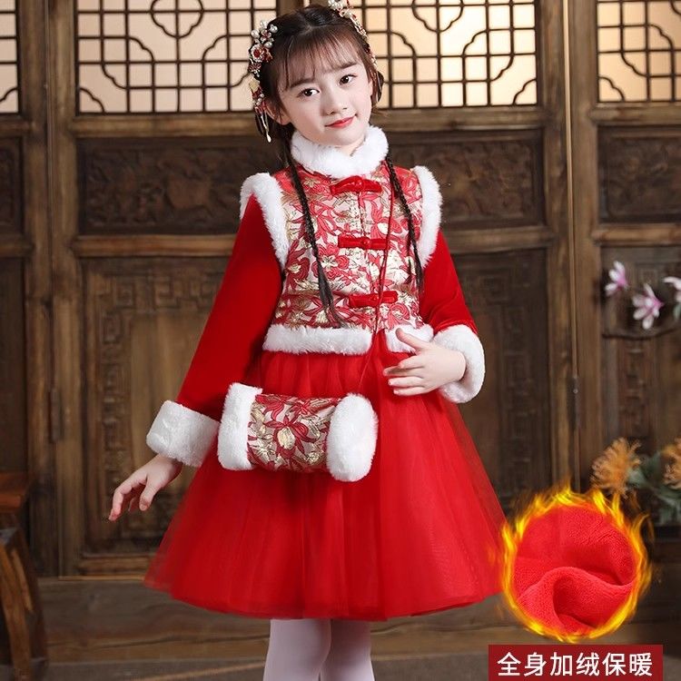 女童漢服冬季新款中國風加厚過年唐裝兒童女連衣裙新年冬裝拜年服