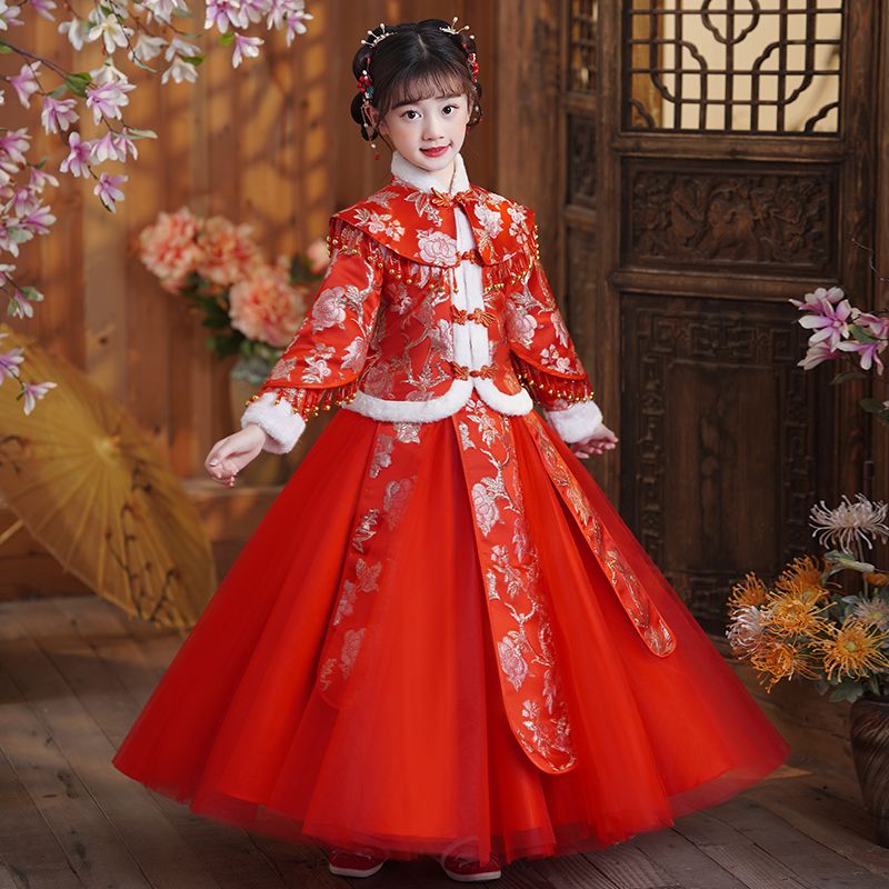 漢服女童冬款過年中國風唐裝紅色寶寶拜年服新年冬裝兒童古裝冬季
