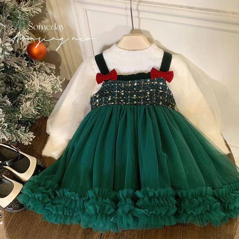 Girls Xiaoxiangfeng children's clothing 2024 spring and autumn new children's high-end temperament bow mesh skirt fake two-piece trend