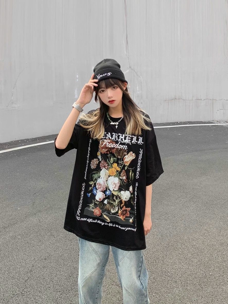 100% heavyweight cotton Chinese trendy American retro rose flower print short-sleeved T-shirt for men and women summer loose tops