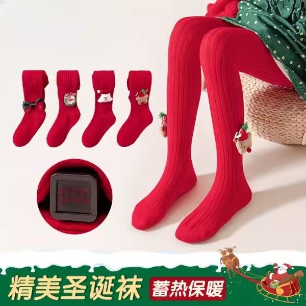 兒童連體襪喜慶紅襪新年女童寶寶卡通圖案舒適柔軟公主秋冬季新款