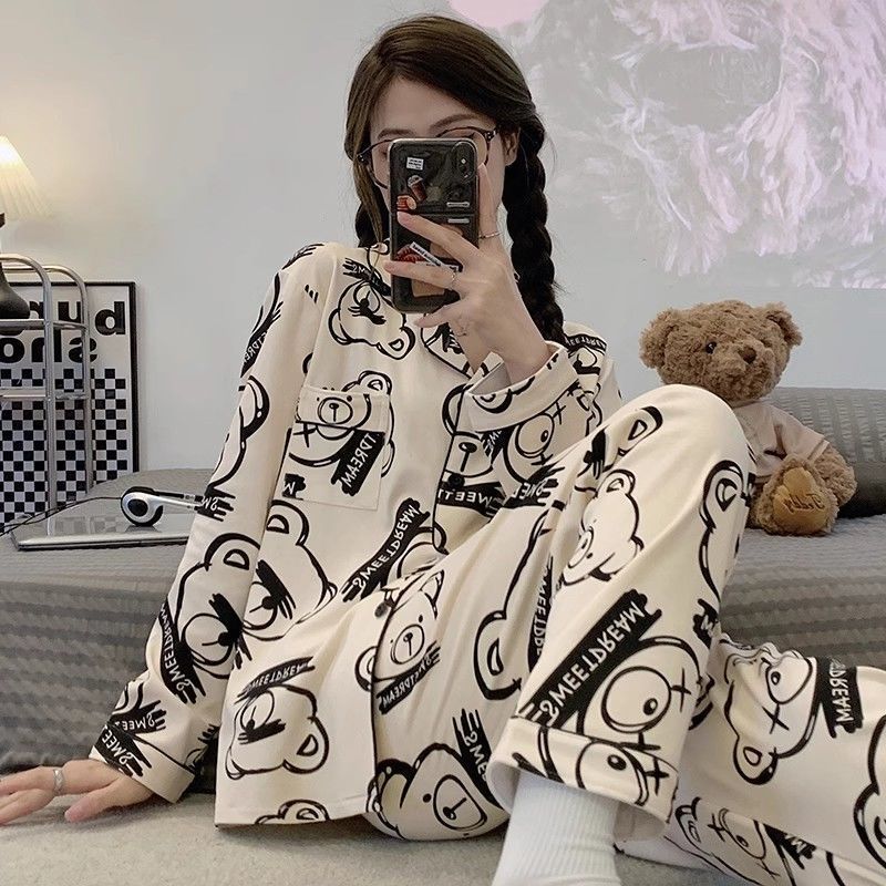 Pajamas for women spring and autumn pure cotton long-sleeved student cute plus size home wear summer 2024 new two-piece suit