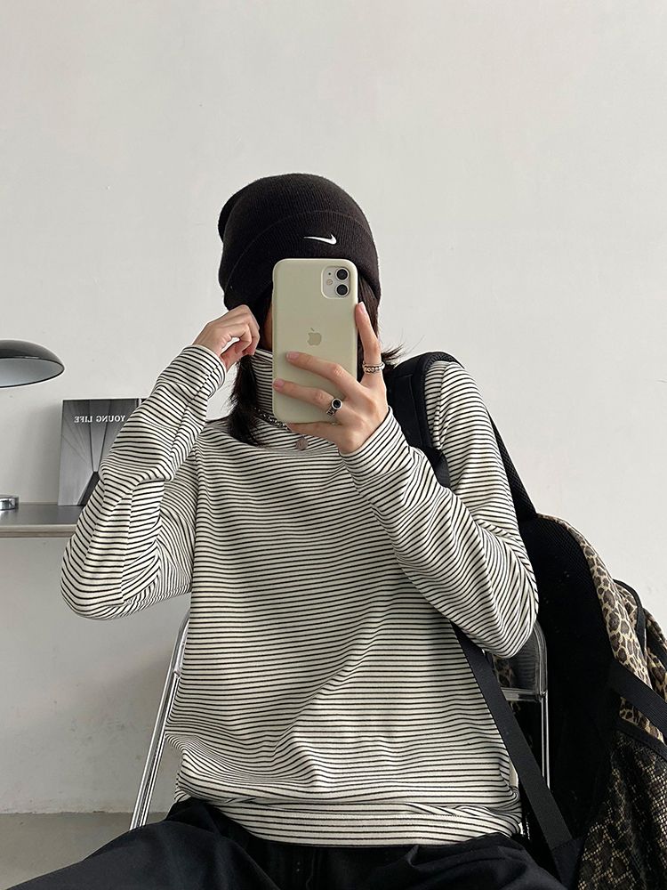 保暖舒適德絨條紋高領打底衫女秋冬季新款修身顯瘦內搭長袖t恤ins