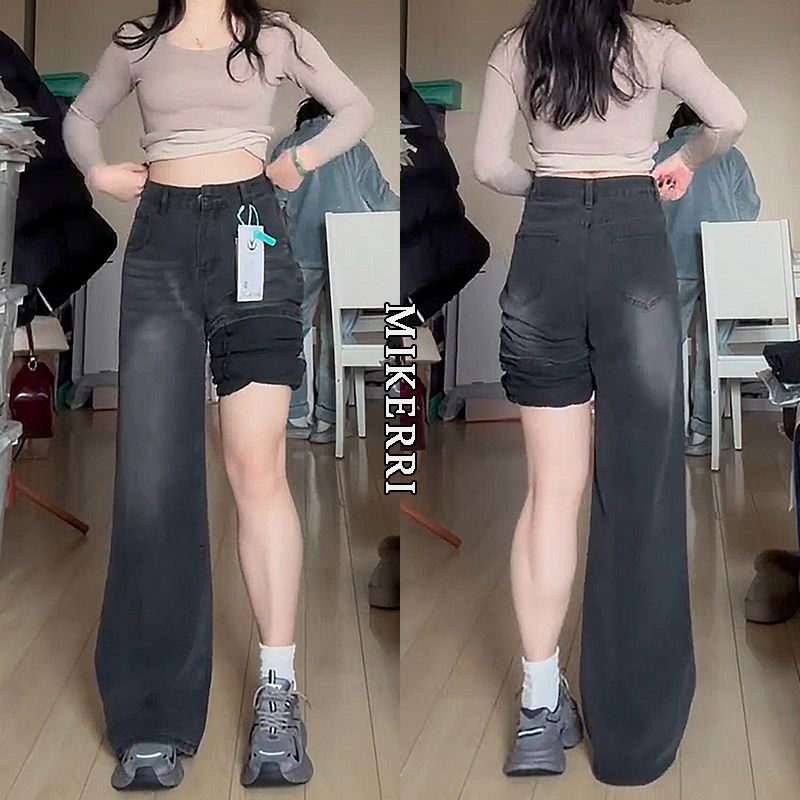 大碼胖mm黑灰色直筒牛仔褲女春秋新款寬鬆顯瘦梨形身材高腰闊腿褲