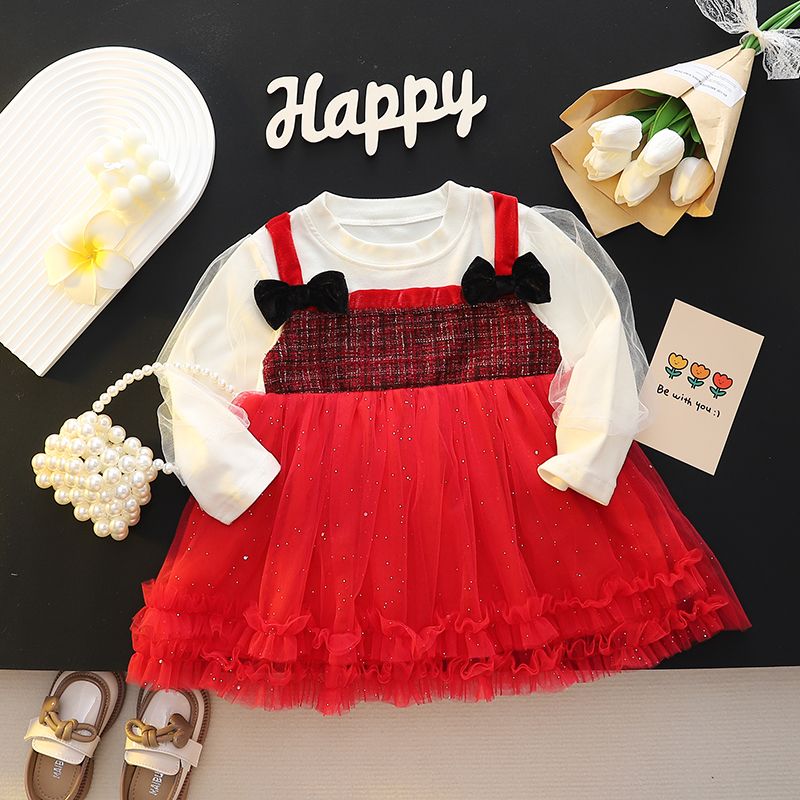 Girls Xiaoxiangfeng children's clothing 2024 spring and autumn new children's high-end temperament bow mesh skirt fake two-piece trend