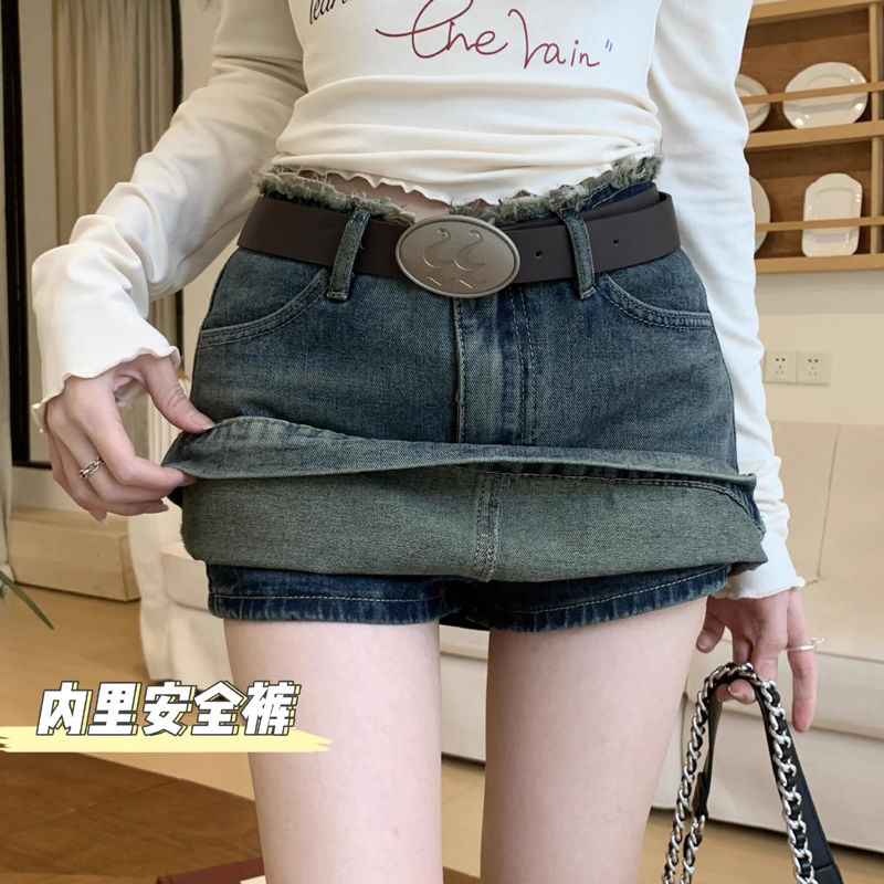 復古高腰毛邊牛仔半身裙女夏季防走光裙褲辣妹性感a字包臀短裙子