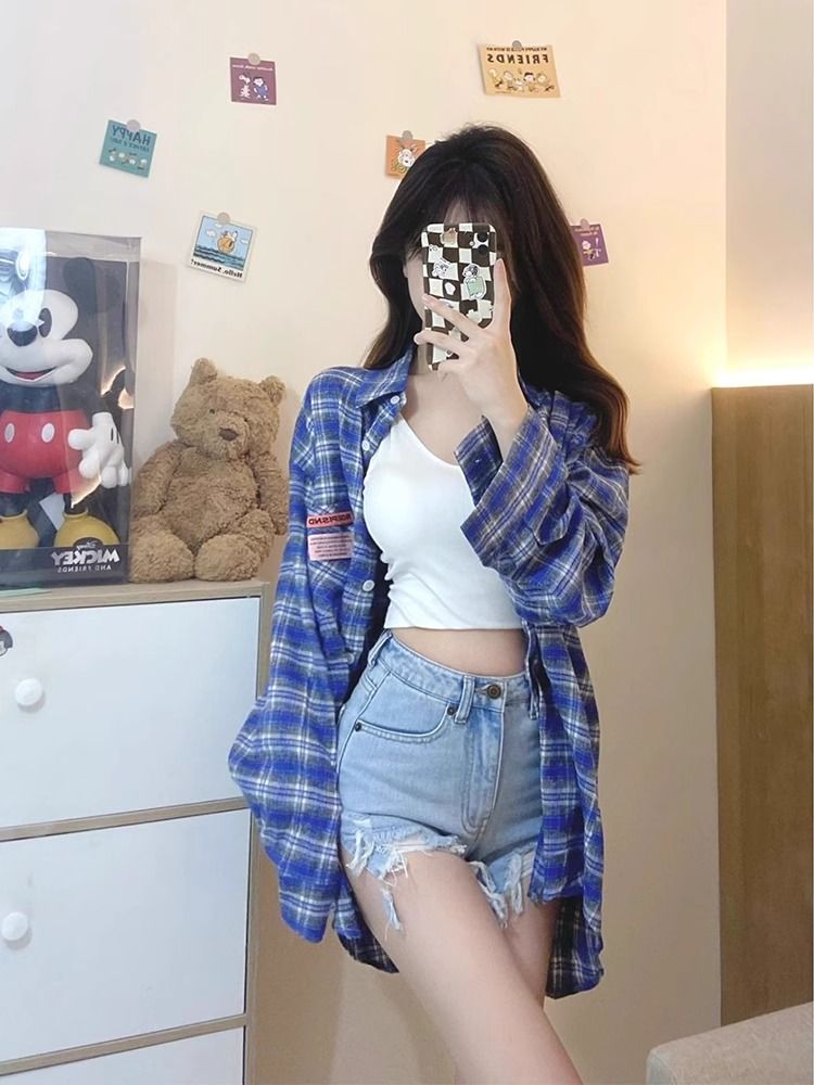 韓系冪式穿搭格子長袖襯衫女春季設計感寬鬆別致獨特防曬開衫上衣