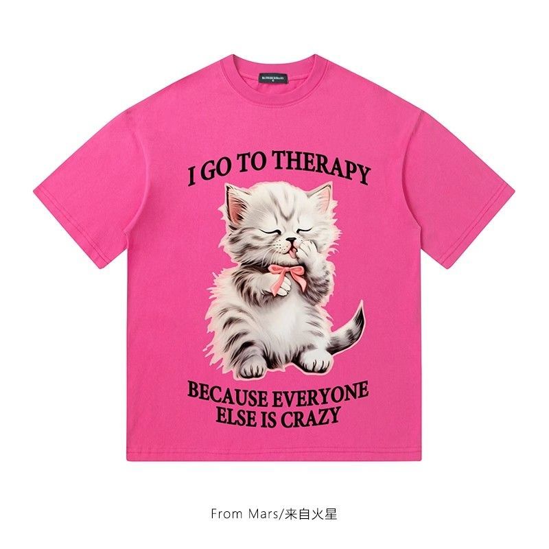 100% heavyweight cotton Chinese fashion American retro cat print rose red short-sleeved t-shirt men and women summer tops ins