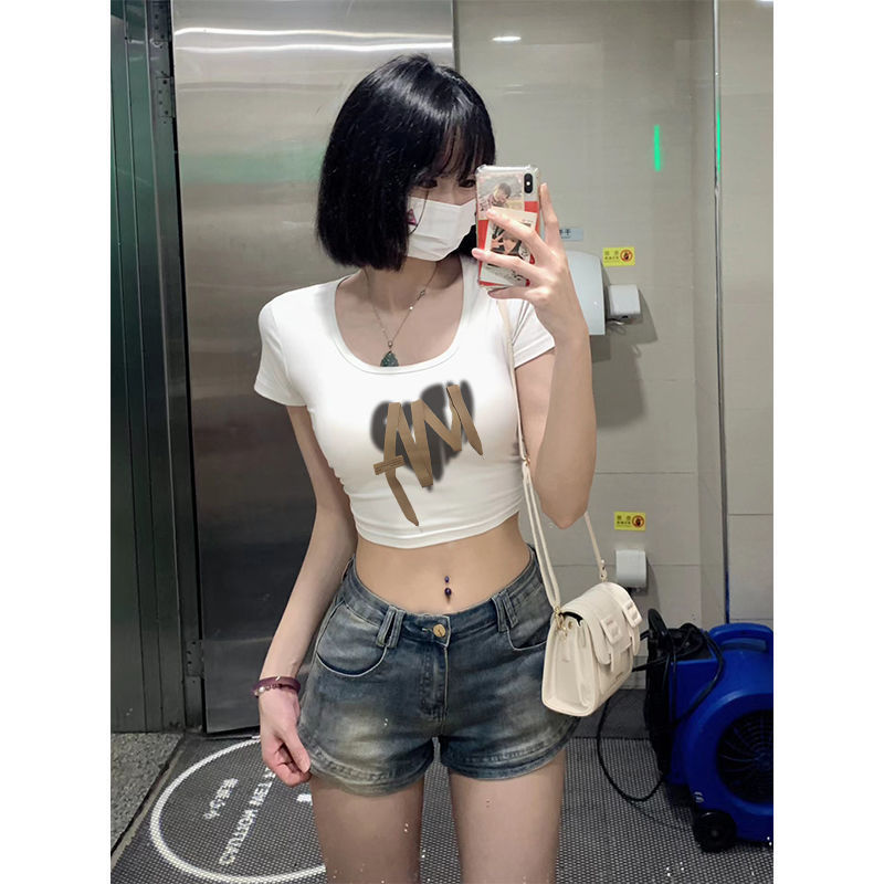 設計感小眾正肩純棉u領短袖T恤女夏短款收腰露臍緊身顯瘦辣妹上衣