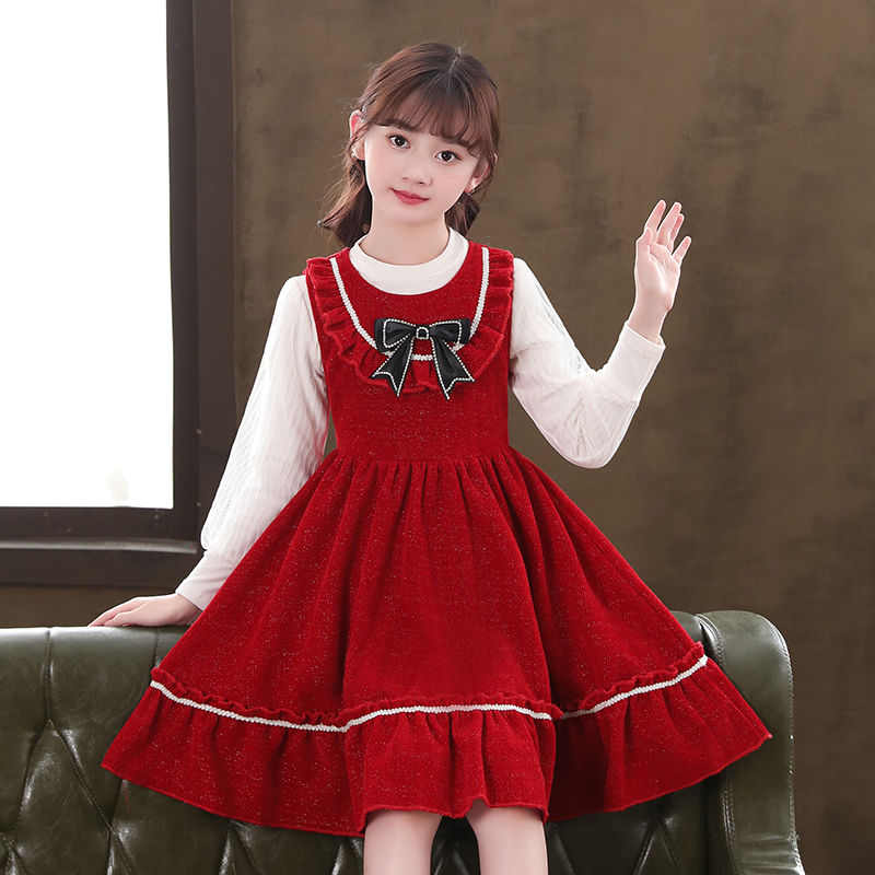 女童连衣裙冬款2023新款中大童儿童公主裙洋气小女孩红色套装裙子