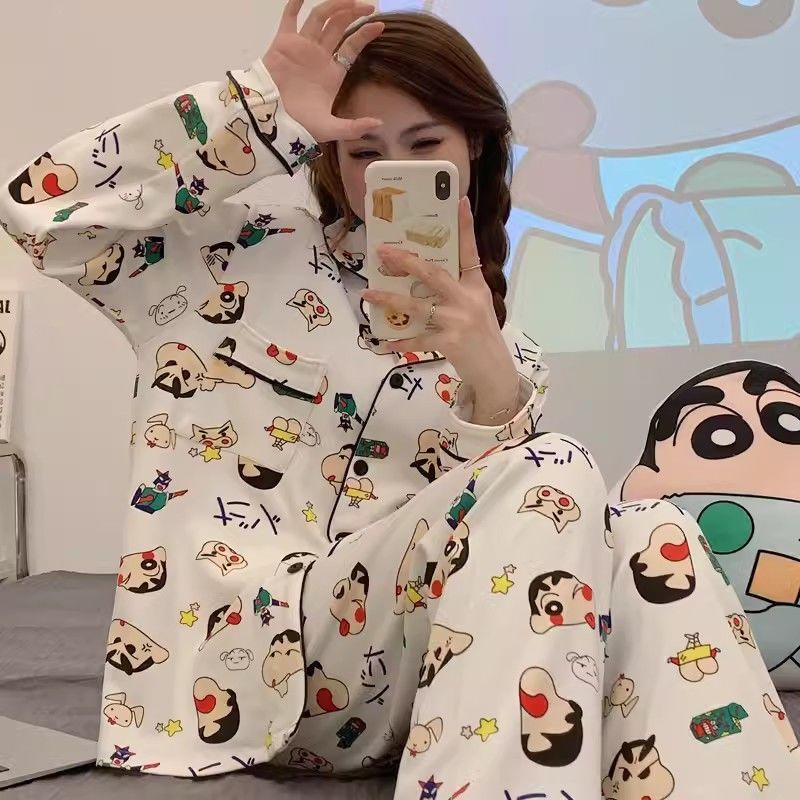 Pajamas for women spring and autumn pure cotton long-sleeved student cute plus size home wear summer 2024 new two-piece suit