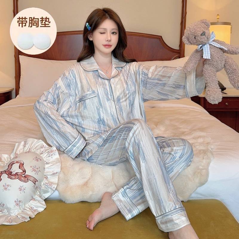 2024可外穿春秋季新款女士自帶胸墊一體長袖睡衣高級感套裝家居服