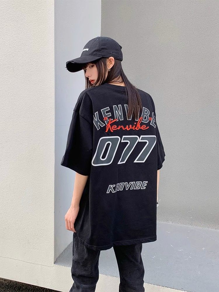 100%重磅純棉國潮美式復古汽車印花短袖t恤男女夏季寬鬆情侶上衣