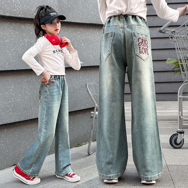 Girls' denim wide-leg pants, spring and autumn clothing, children's casual long pants, loose and stylish girls' straight pants for middle and large children