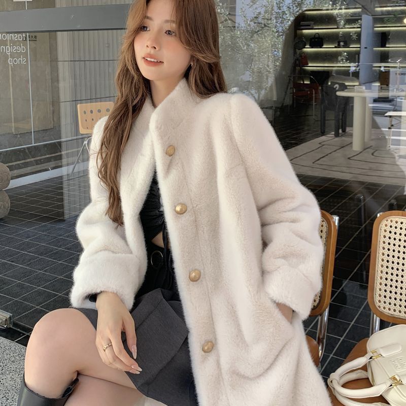  autumn and winter new style cotton thickened coat women's mid-length imitation rabbit fur eco-friendly fur imitation fur stand collar coat