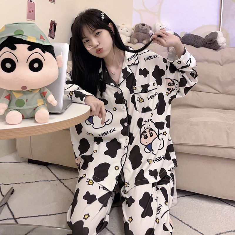 Pajamas for women spring and autumn pure cotton long-sleeved student cute plus size home wear summer 2024 new two-piece suit