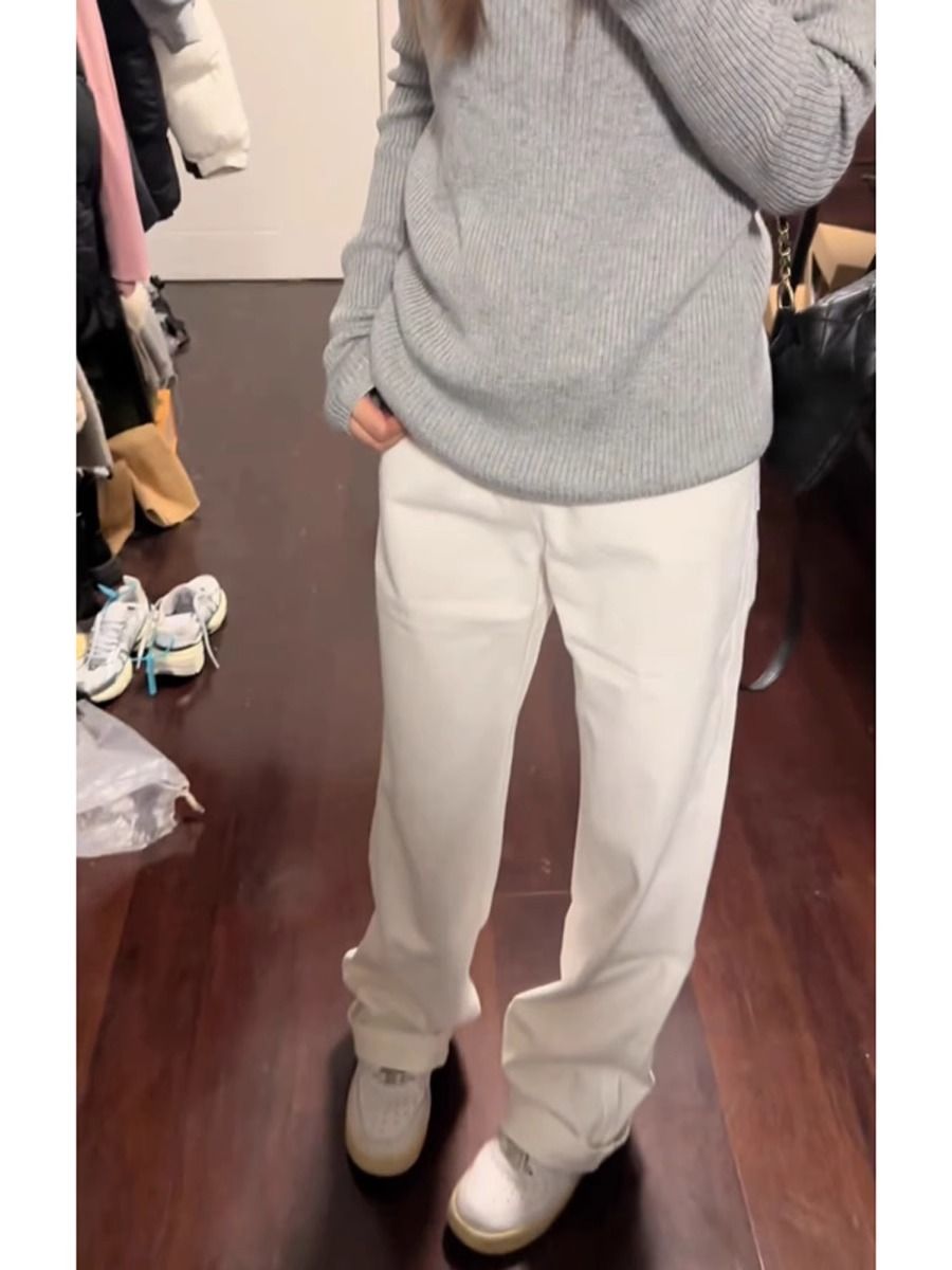 白色垂感闊腿牛仔褲女春秋季新款高腰顯瘦直筒小個子窄版拖地長褲