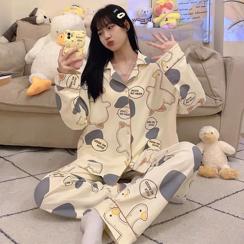 Pajamas for women spring and autumn pure cotton long-sleeved student cute plus size home wear summer 2024 new two-piece suit