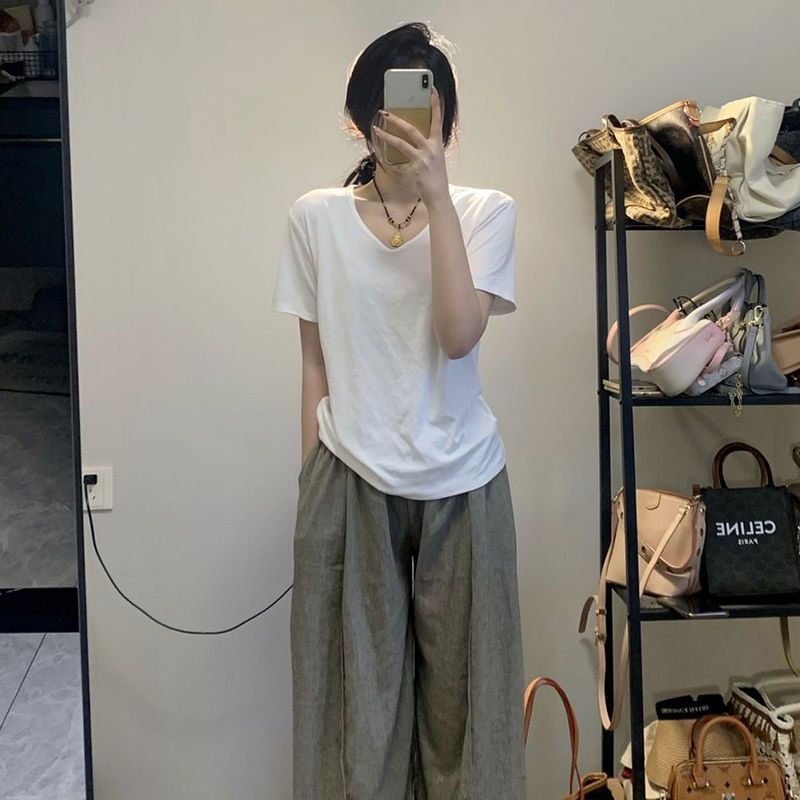正肩純棉V領短袖T恤女春夏內搭白色打底衫寬鬆顯瘦半袖體恤上衣服