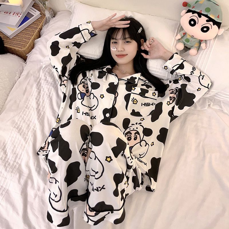 Pajamas for women spring and autumn pure cotton long-sleeved student cute plus size home wear summer 2024 new two-piece suit