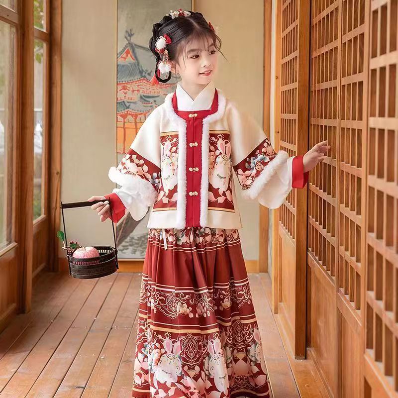 女童漢服冬季加厚紅色拜年服超仙【玉兔】明制中國風對襟三件套冬