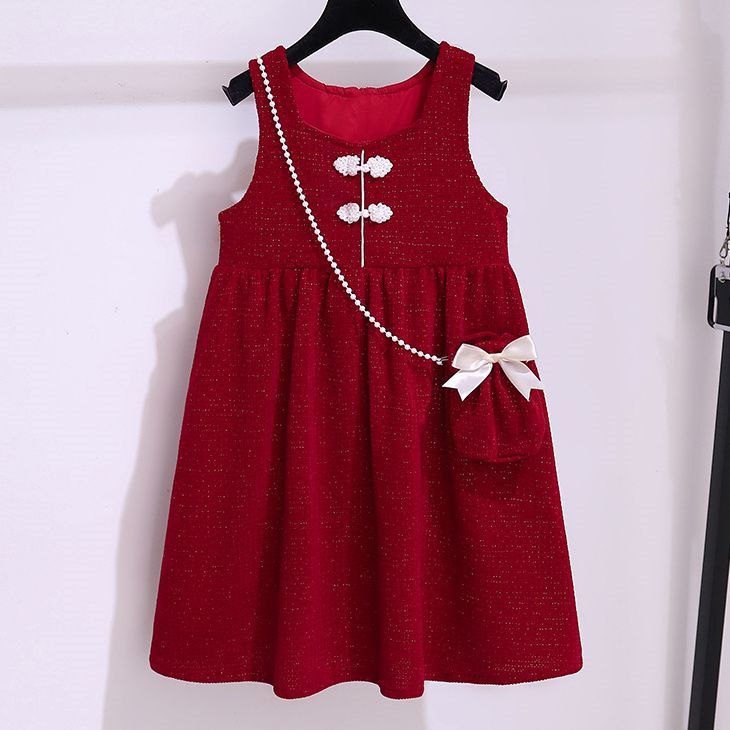 Girls Chinese style New Year's dress autumn and winter new children's red vest princess dress New Year's dress skirt