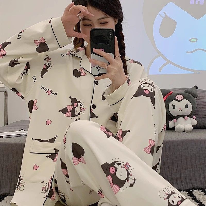 Pajamas for women spring and autumn pure cotton long-sleeved student cute plus size home wear summer 2024 new two-piece suit