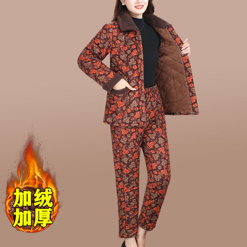 Mother's clothing winter new fashion floral cotton-padded jackets and cotton-padded clothes for middle-aged and elderly women plus velvet and thickened cotton-padded clothes and cotton trousers two-piece set