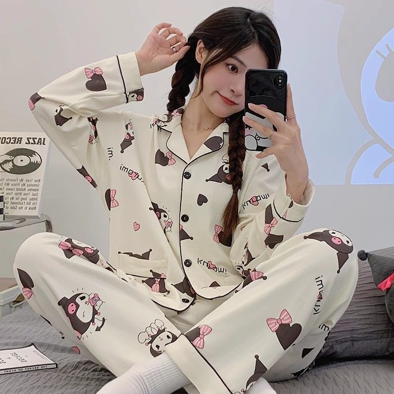 Pajamas for women spring and autumn pure cotton long-sleeved student cute plus size home wear summer 2024 new two-piece suit