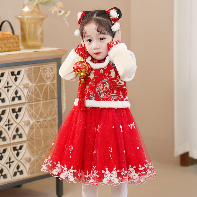 女童拜年服冬季加絨女寶寶禮服2024兒童漢服過年喜慶衣服唐裝冬款