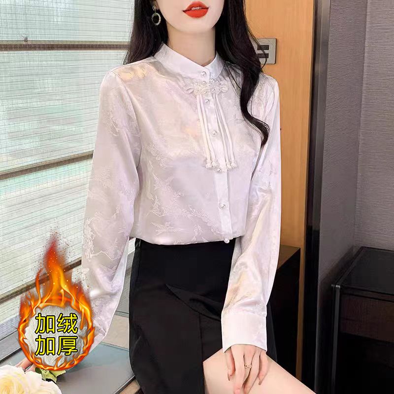 加絨加厚新中式雪紡襯衫秋冬季2023年新款女士襯衣長袖國風上衣春