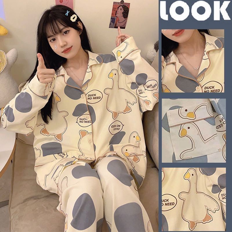 Pajamas for women spring and autumn pure cotton long-sleeved student cute plus size home wear summer 2024 new two-piece suit