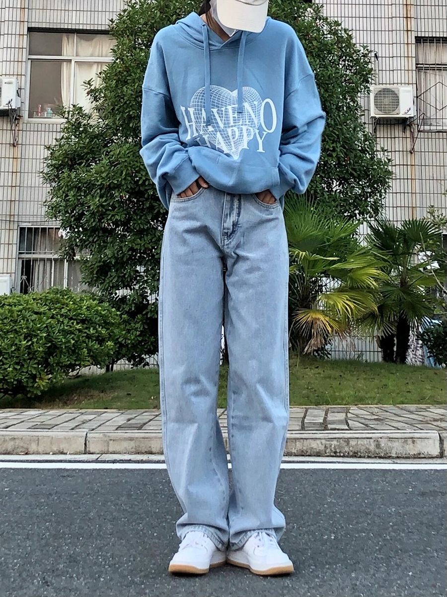 美式高腰復古淺色闊腿牛仔褲女秋冬新款ins寬鬆百搭直筒拖地褲子