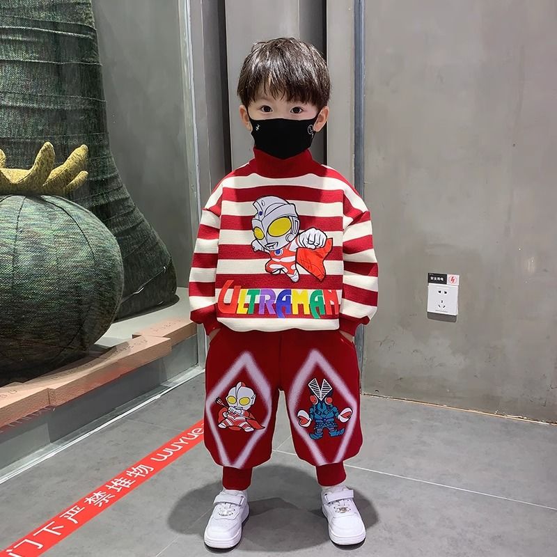 奧特曼童裝男童加絨套裝2023新款寶寶冬季衛衣兒童秋冬裝加厚衣服