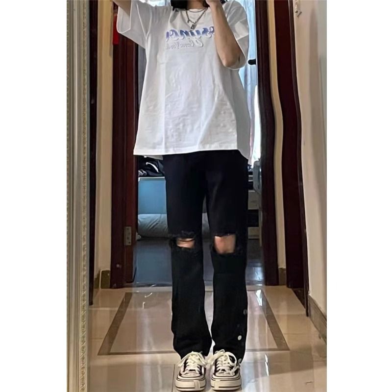 黑色破洞直筒牛仔褲女春秋季新款寬鬆顯瘦梨型身材窄版闊腿長褲子