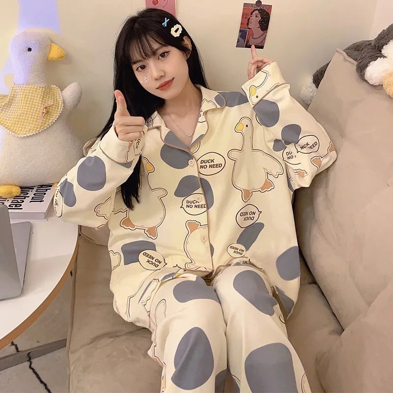 Pajamas for women spring and autumn pure cotton long-sleeved student cute plus size home wear summer 2024 new two-piece suit