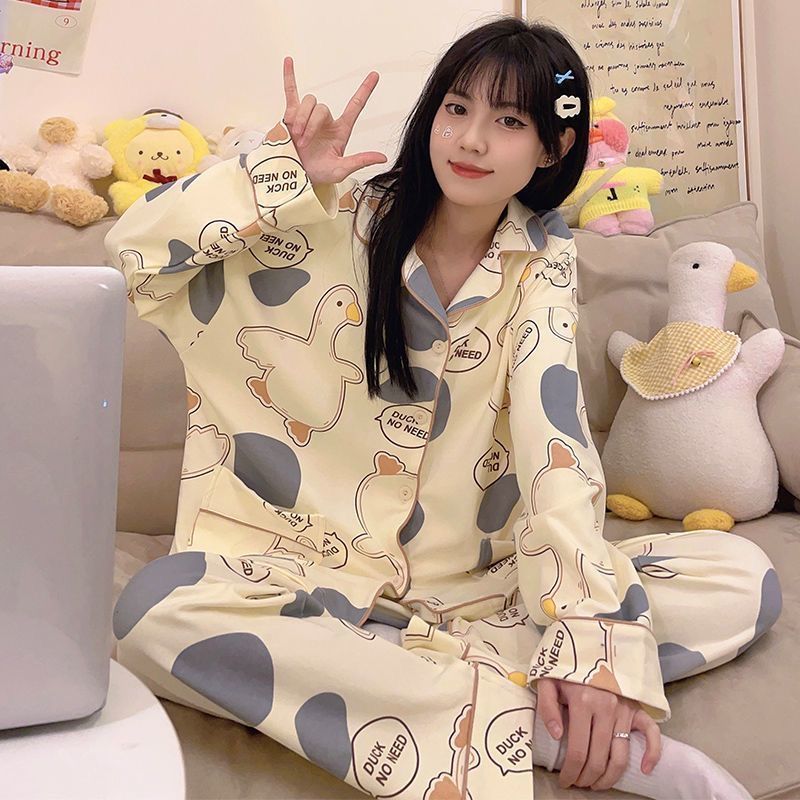 Pajamas for women spring and autumn pure cotton long-sleeved student cute plus size home wear summer 2024 new two-piece suit