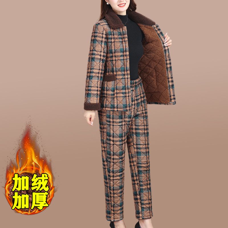 Mother's clothing winter new fashion floral cotton-padded jackets and cotton-padded clothes for middle-aged and elderly women plus velvet and thickened cotton-padded clothes and cotton trousers two-piece set