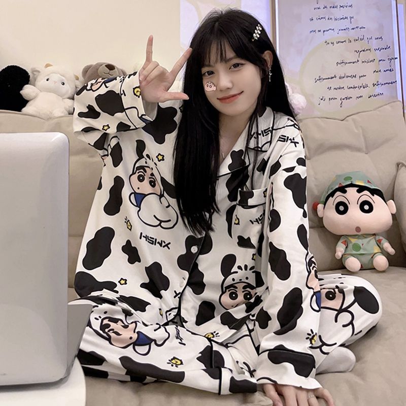Pajamas for women spring and autumn pure cotton long-sleeved student cute plus size home wear summer 2024 new two-piece suit
