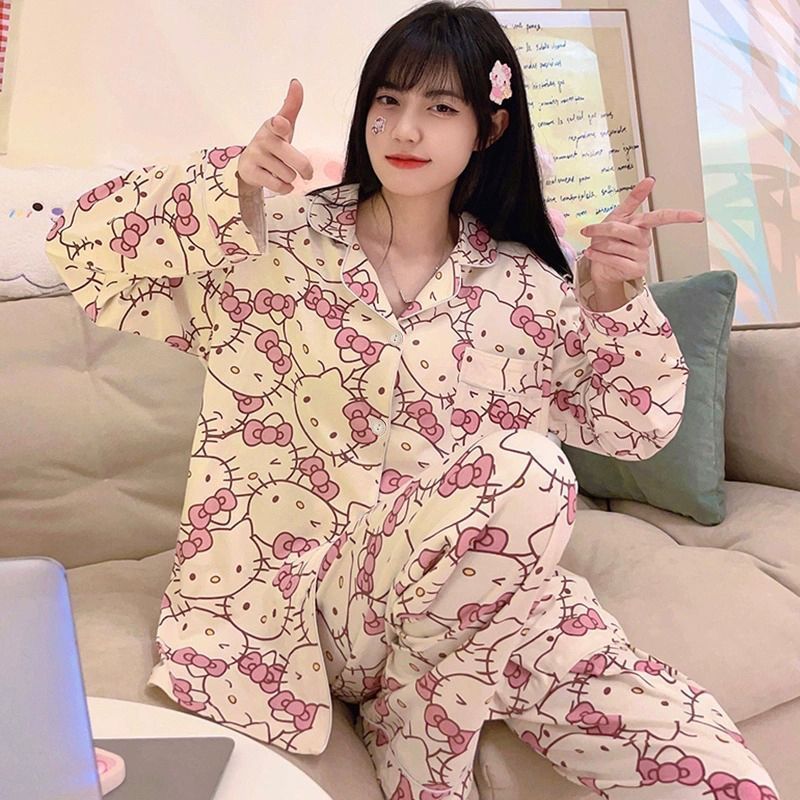 Pajamas for women spring and autumn pure cotton long-sleeved student cute plus size home wear summer 2024 new two-piece suit
