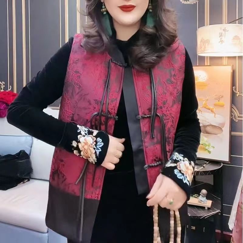  Winter New Style Chinese Retro Tassel Disc Button Jacquard Vest Fashionable Western European Style Slim and Versatile Top