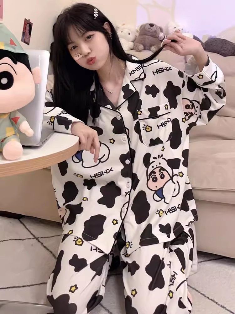 Pajamas for women spring and autumn pure cotton long-sleeved student cute plus size home wear summer 2024 new two-piece suit