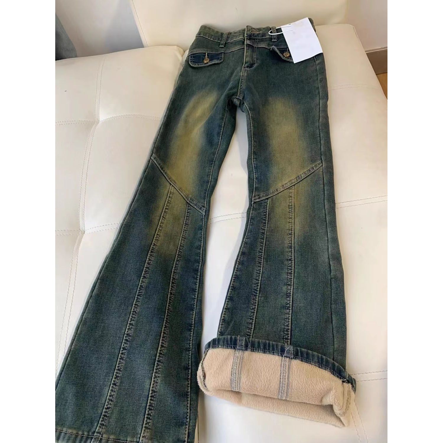 加絨加厚微喇牛仔褲女秋冬新款復古藍水洗做舊高腰顯瘦拖地馬蹄褲