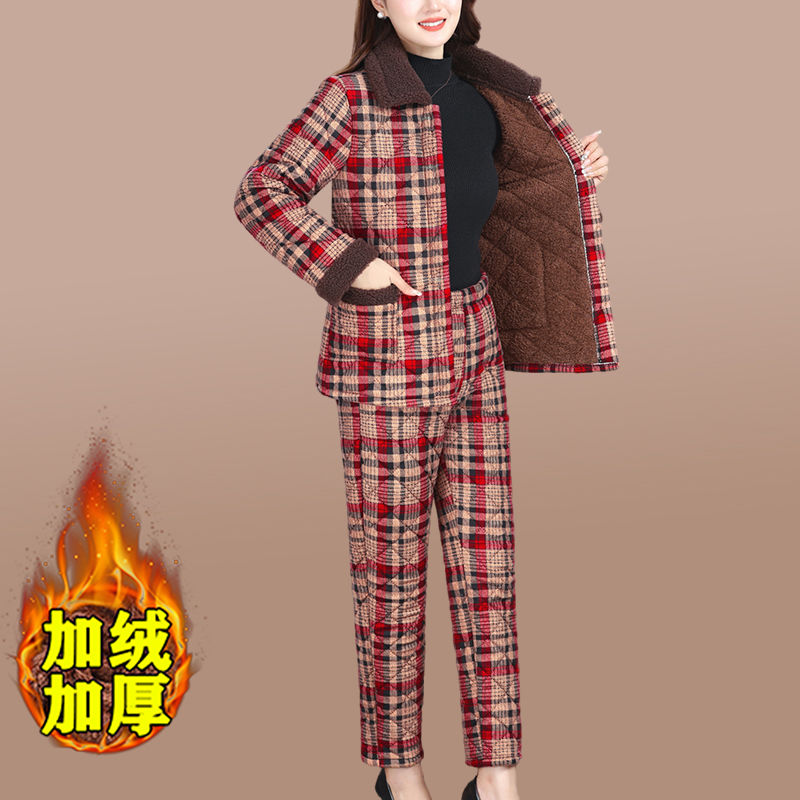 Mother's clothing winter new fashion floral cotton-padded jackets and cotton-padded clothes for middle-aged and elderly women plus velvet and thickened cotton-padded clothes and cotton trousers two-piece set