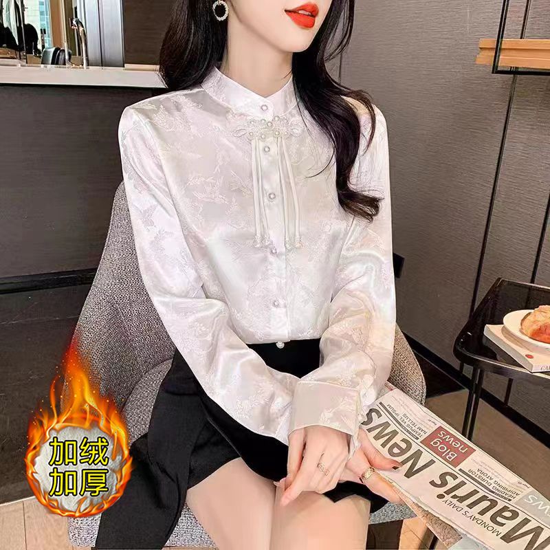 秋冬季新中式雪紡襯衫2023年新款一體絨加厚女士襯衣長袖國風上衣