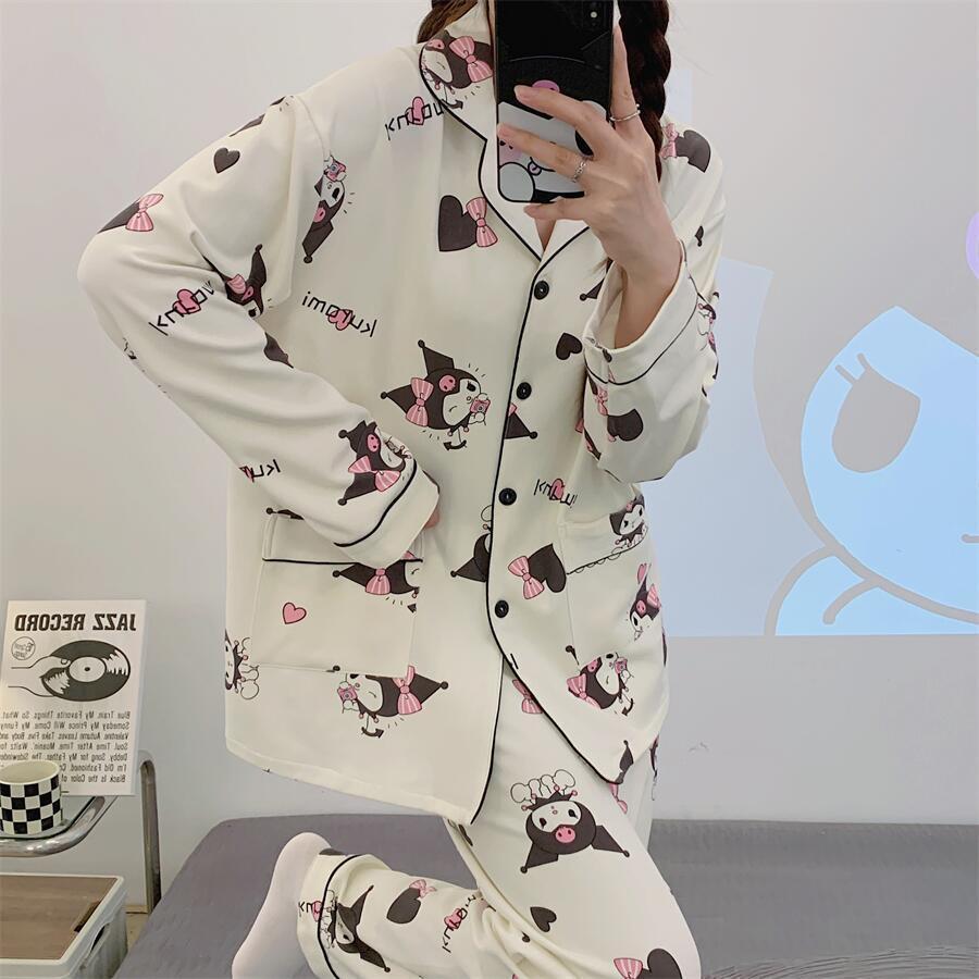 Pajamas for women spring and autumn pure cotton long-sleeved student cute plus size home wear summer 2024 new two-piece suit