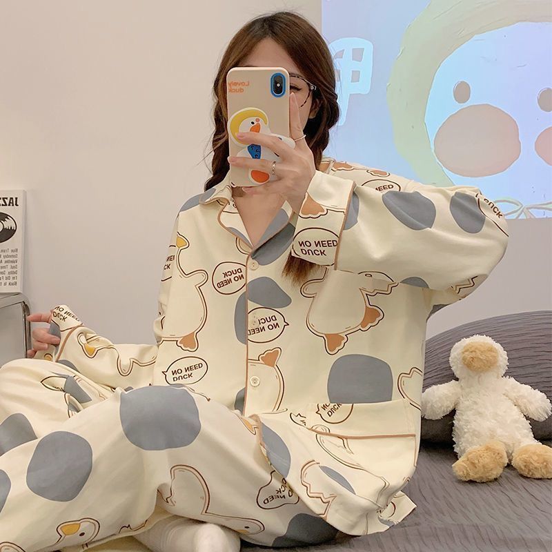 Pajamas for women spring and autumn pure cotton long-sleeved student cute plus size home wear summer 2024 new two-piece suit
