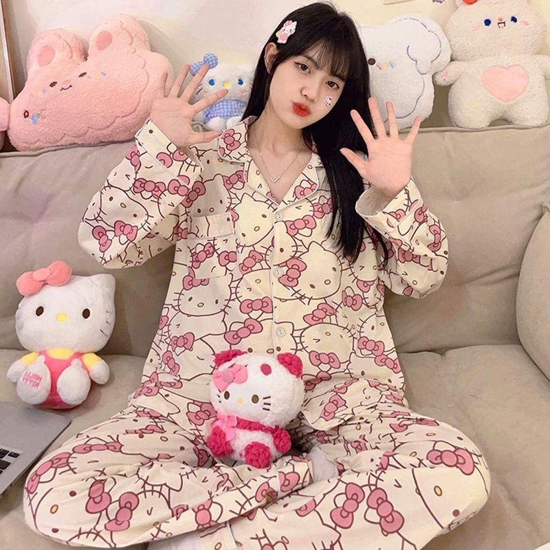 Pajamas for women spring and autumn pure cotton long-sleeved student cute plus size home wear summer 2024 new two-piece suit