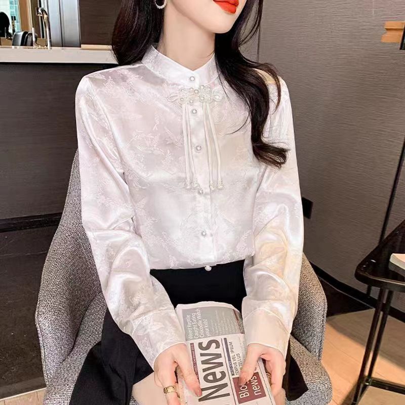 中式盤扣襯衫女秋冬季2023新款法式高級感白色時尚襯衣氣質上衣服
