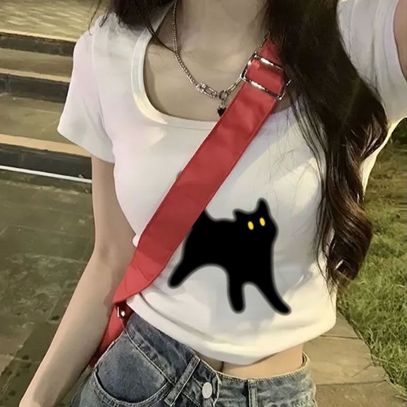 【純棉】短袖t恤女設計感小眾百搭韓版U領修身辣妹短款上衣女潮